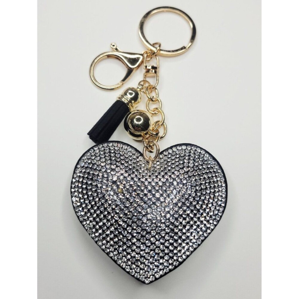 NWT Large Black, Silver And Gold Sparkle Heart Keychain, Bag Charm With Tassel